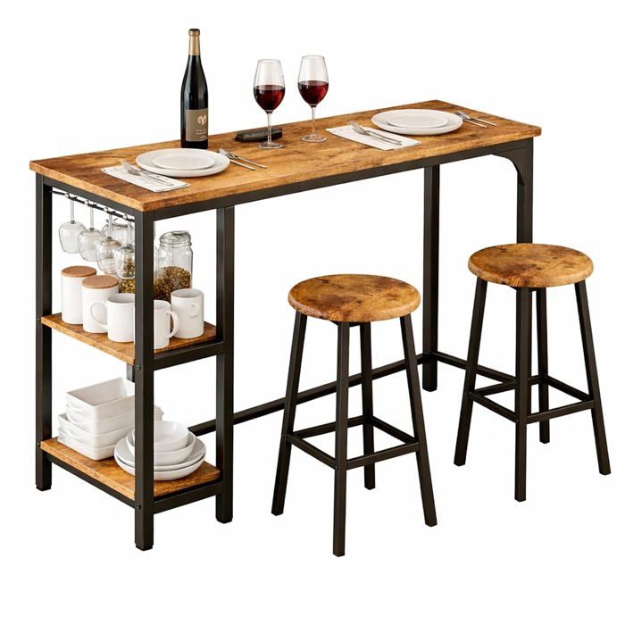 Ensemble table bar 3 pièces avec 2 tabourets - Table haute 2 étagères porte-verres 120 x 40 x 90 cm - Style rétro