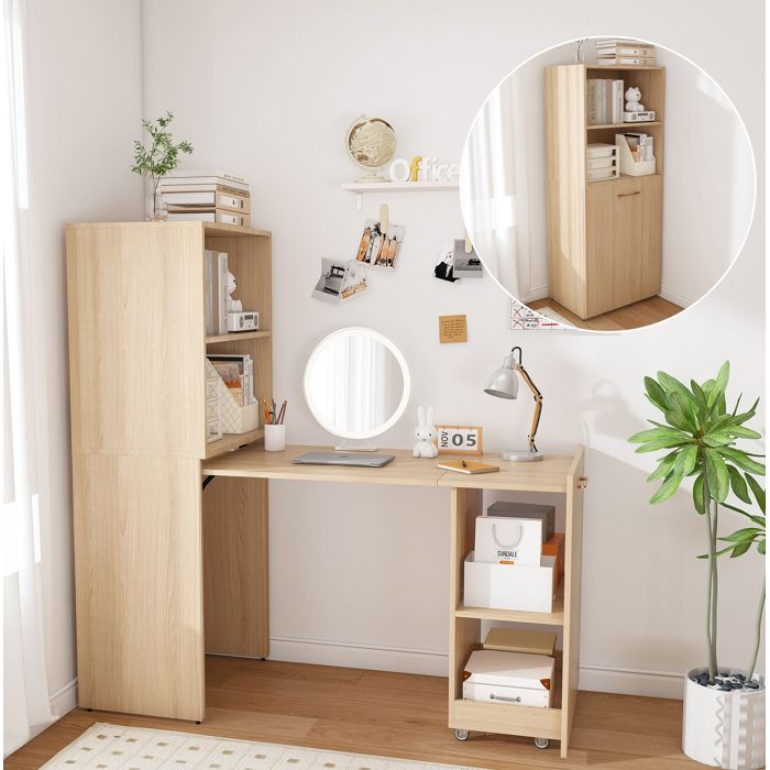 COVREO Bureau secrétaire escamotable avec plateau coulissant rangement étagères réglables et roulettes bois naturel clair