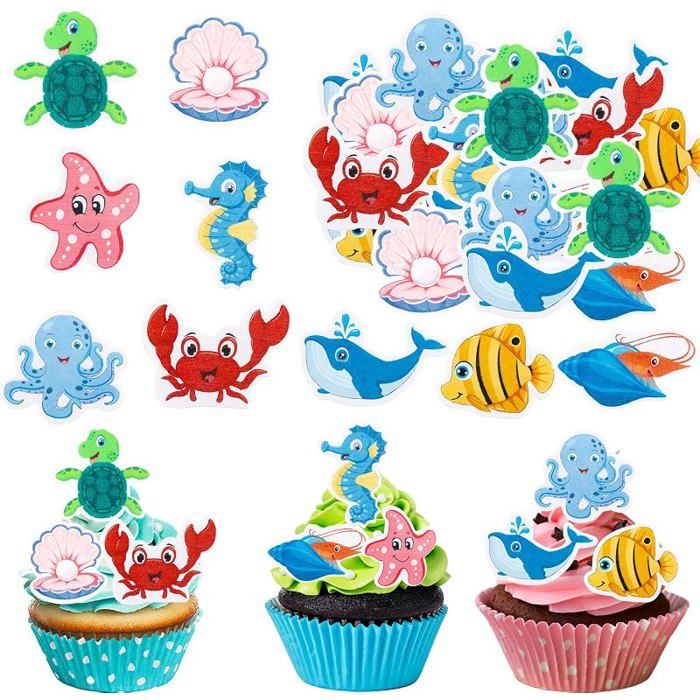 Lot de 56 gâteau comestibles Animaux marins Thème océan Décoration anniversaire comestible Animaux marins FIGURINE DECOR DE GATEAU