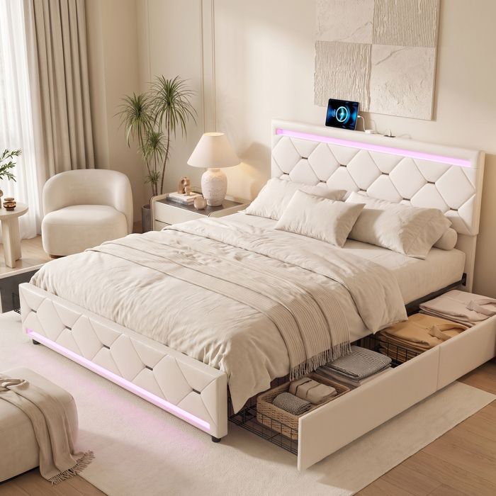 Lit double 160x200 cm SORVAGLOS Lit capitonné avec LED et USB Lit rembourré avec 4 tiroirs de rangement lit 160x200 Velours beige
