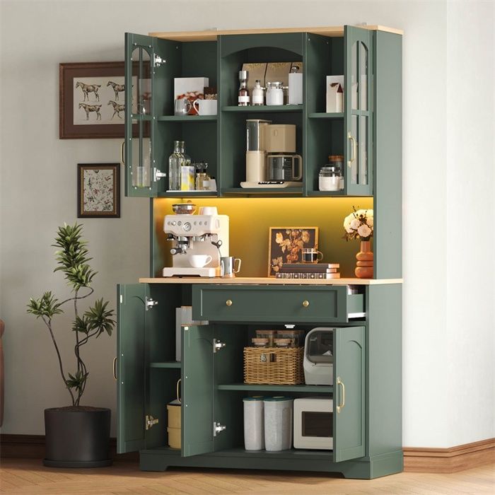 Meuble de cuisine 100x38x178cm - Grand buffet de cuisine avec éclairage LED portes vitrées tiroir et rangements - Vert