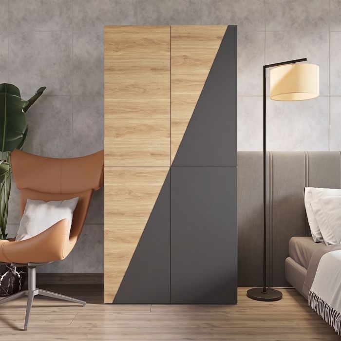 Armoire Chambre 4 Portes - Bicolore Effet Chêne et Gris - avec Porte-Pantalons Boîte de Rangement 2 Tiroirs - Dressing 90x50x200cm Armoire Chambre 4 Portes - Bicolore Effet Chêne et Gris - avec Porte-Pantalons Boîte de Rangement 2 Tiroirs - Dressing 90x50x200cm