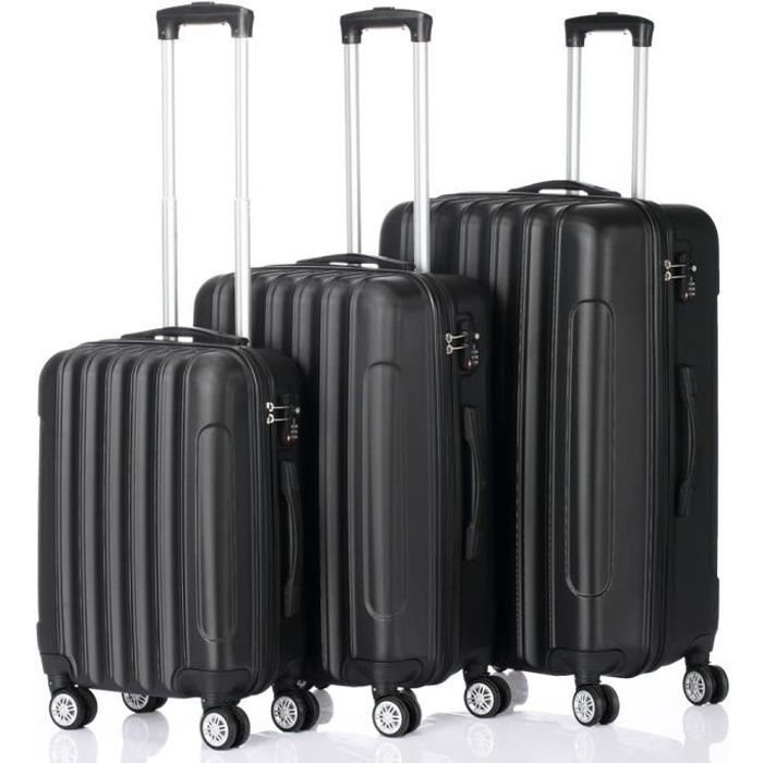set de 3 valises rigide en abs ensemble de bagages, 4 roulettes(55cm, 65cm, 75cm) - noir
