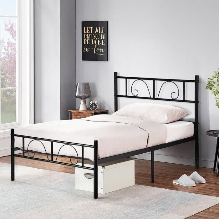 furniturer cadre de lit simple enfant adulte full metal design papillon matelas pour 90 x 190cm noir