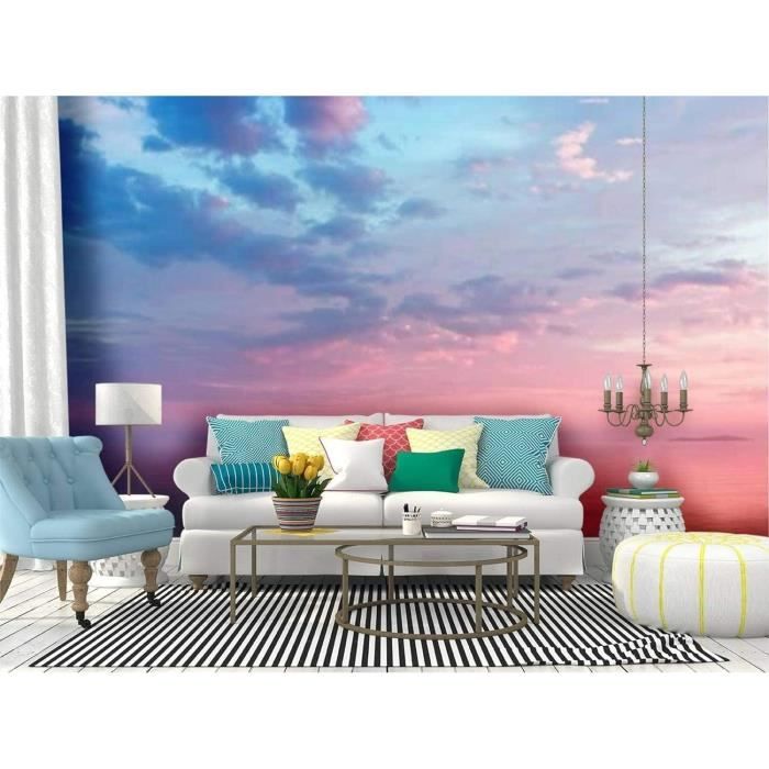 Papier Peint De 3D Paysage Marin Lilas Avec Des Nuages Roses, Luxe Au