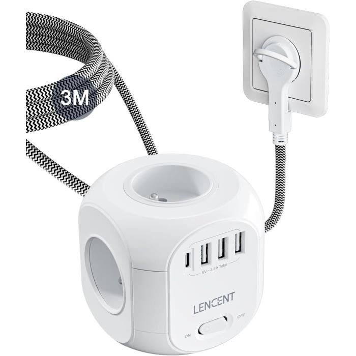 LENCENT Cube Rallonge Ultiprise Fiche Plate Aélioré PD 20W 2 Avec 4