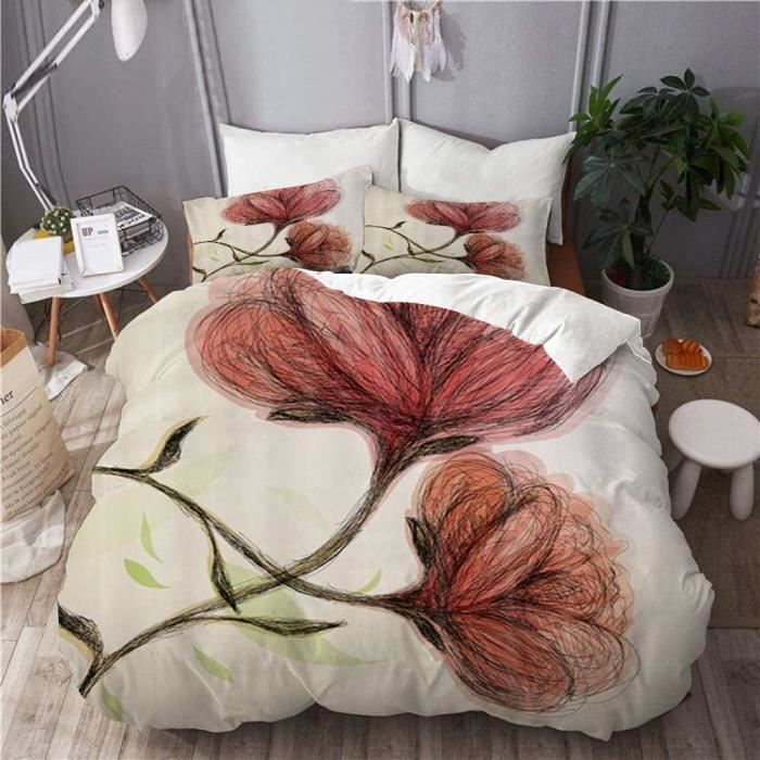 Housse de couette et 2 taies d'oreiller, fleur vintage fleurs roses