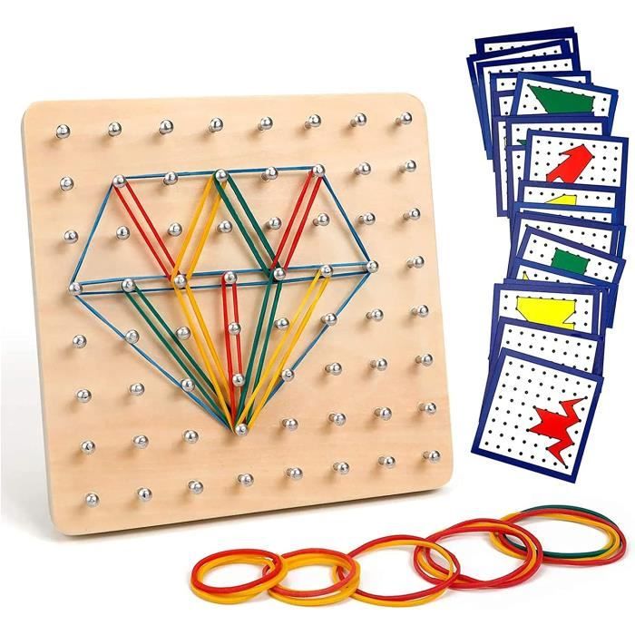 Jouet Montessori Géoboard en Bois avec Cartes de Motifs et Rubber Band