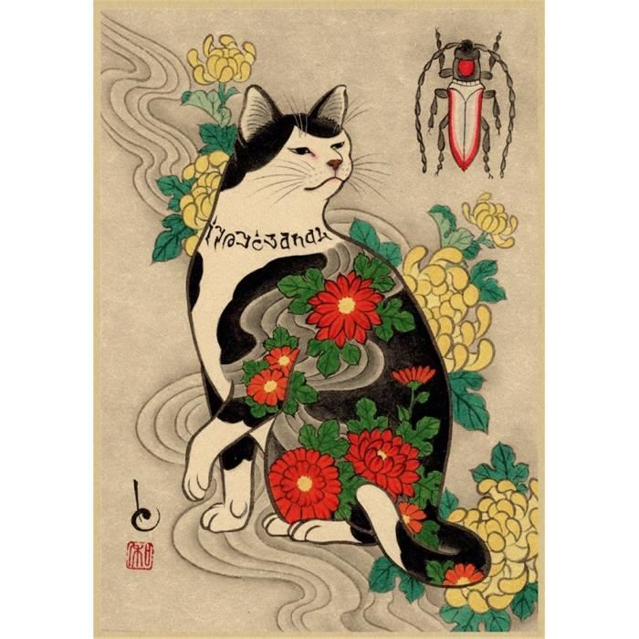 Lot De 6 Toiles Art Mural Chat Samouraï Japonais - Décoration Kung Fu Amusante Et Tatouage Style Pour Salon, Chambre à Coucher Et Maison - Sans Cadre