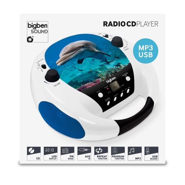 Lecteur CD Portable MP3 USB Bleu et blanc, motif Dauphin