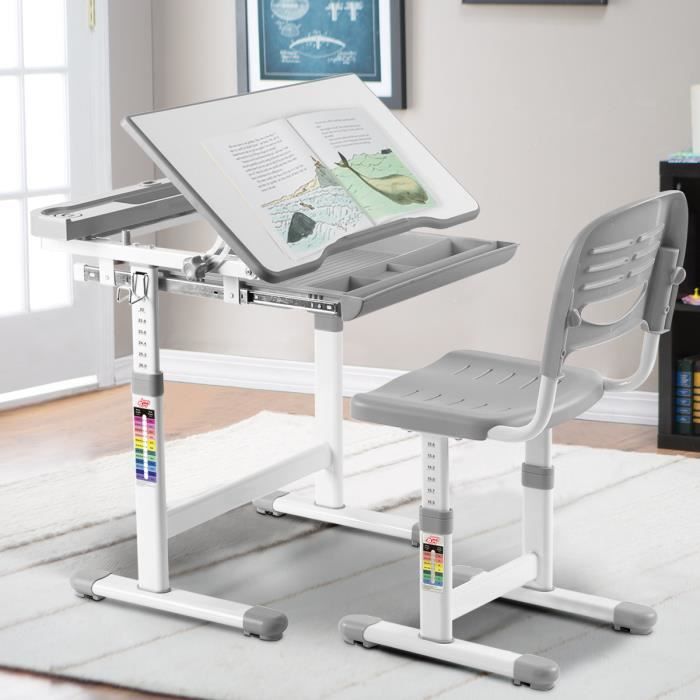 COSTWAY Bureau Enfant Ensemble Table et Chaise pour Enfants avec Lampe Hauteur R/églable Plaque de Table Inclinable pour Etude Travail Charge Max 80KG Gris