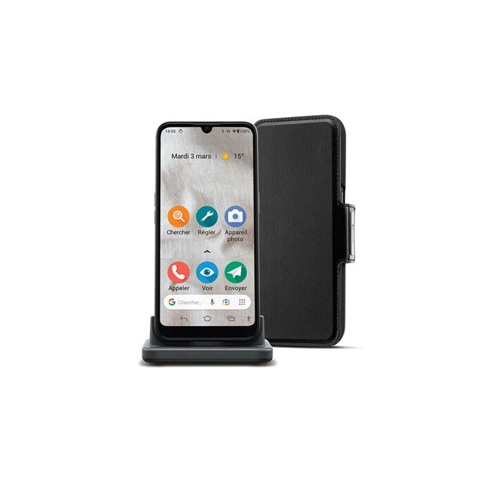 Smartphone Doro Pack 8100 PLUS graphite pour seniors avec socle de charge et etui de protection