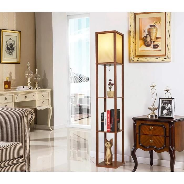 Lampadaire - GANEED - Étagère LED - E27 - Marron - Design Contemporain
