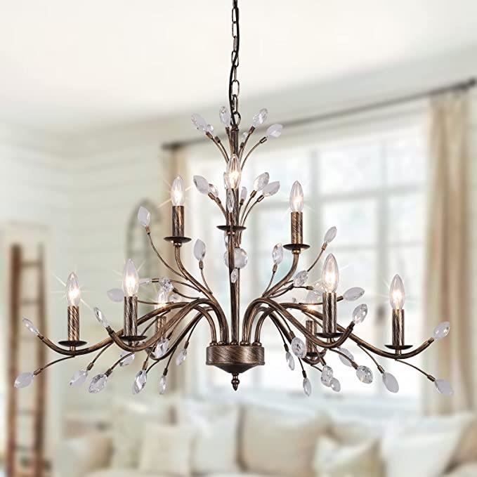 Lustre de ferme Vintage - GANEED - Plafonnier en Cristal et Bronze - E14 - 40W - 9 douilles