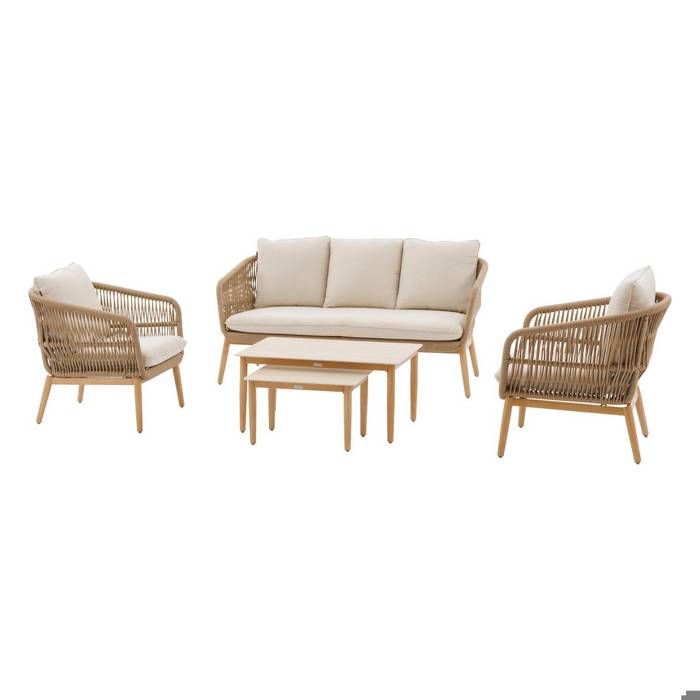 Salon de jardin 5 places ORISSA acier et tressage taupe et effet bois - Hespéride Salon de jardin 5 places ORISSA acier et tressage taupe et effet bois - Hespéride