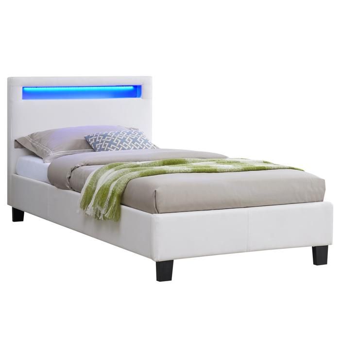 lit simple luceno - idimex - avec sommier 90x190 cm - tête de lit led intégrées - synthétique blanc