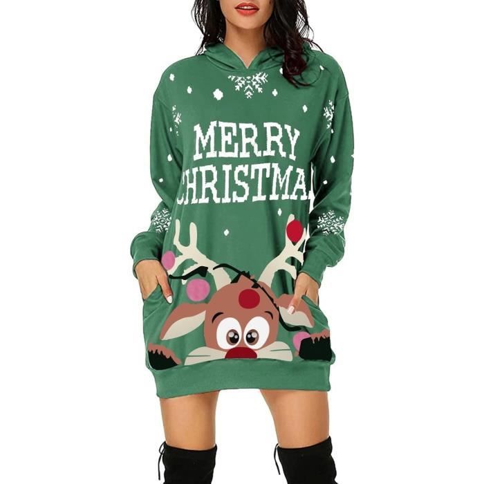 Robe De Noel Femme Hiver Pull Sweat avec Capuche Casual Hoodie