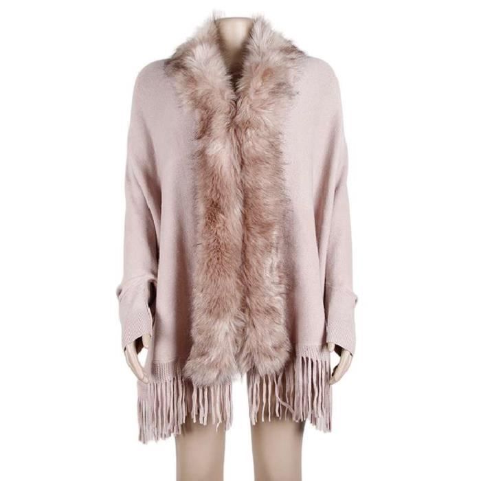 Poncho Femme Plaid Fourrure Cape Poncho Marron Café