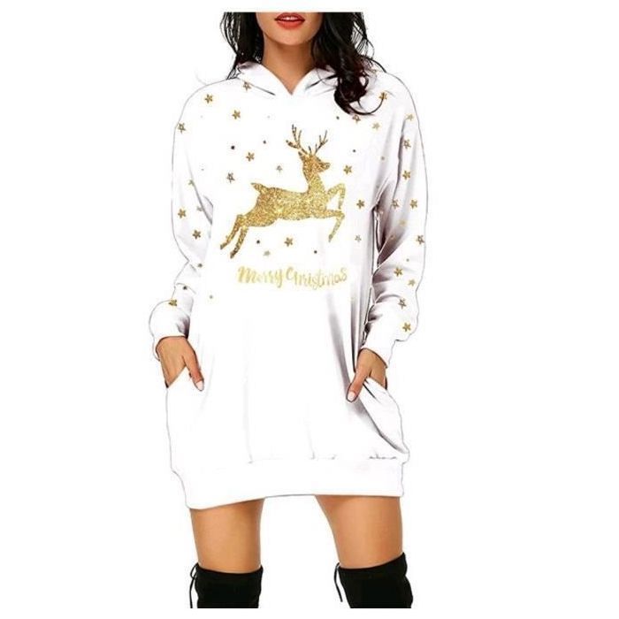 Robe Pull De Noël Pour Femme - Motif Verre à Vin, Capuche, Manches Longues, Poches - Taille Grande Disponible - 2