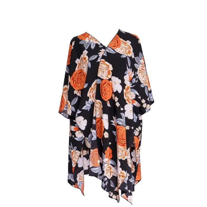 Aibrou Kimono Mousseline de Soie Plage Cardigan Femme Été à Manches 3/4 Outwear Châle Lâche Cover Up Veste Fleuri Casual Ourlet 