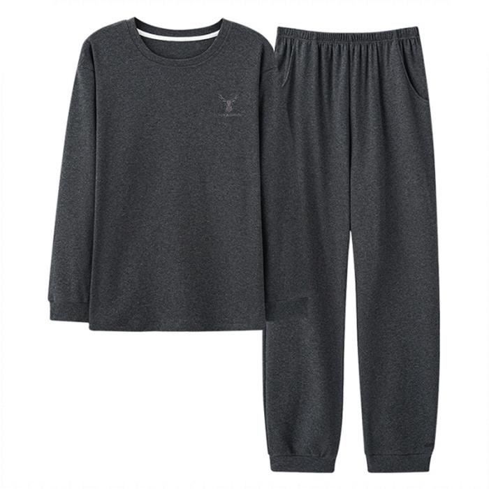 Pyjama Homme Long Coton 95% Doux – Col Rond, Manches Longues, Pantalon Poches & Cordon, Imprimé Cartoon Chaud Pour Hiver & Automne