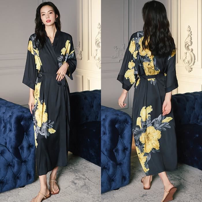 Peignoir pour Femmes ANNEFLY Robe de Nuit Satinee Polyester Noir Femme