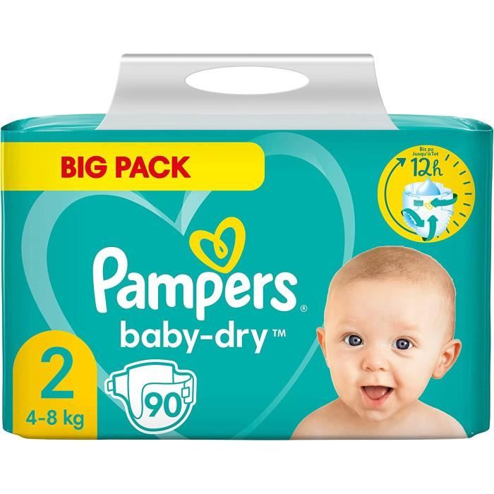 Pampers BabyDry Taille 2, 90 Couches, Jusqu’À 12 h De Protection