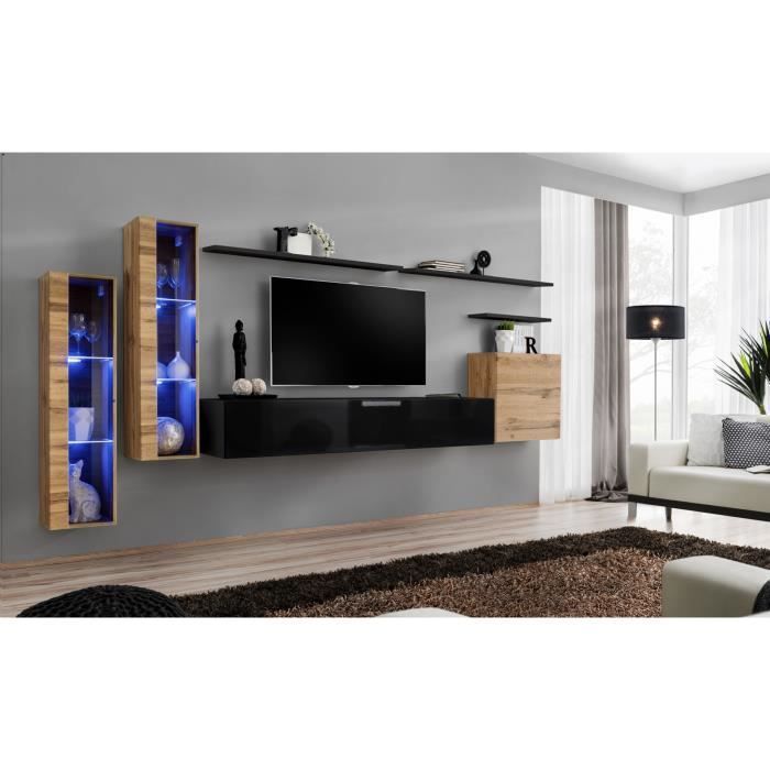 ensemble meuble salon mural switch xi design - price factory - noir brillant et chêne wotan - 1 porte - 160 cm