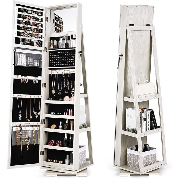 Armoire à Bijoux Verrouillable RELAX4LIFE avec Miroir Pleine Longueur et 3 Étagères pour Bagues - Blanc