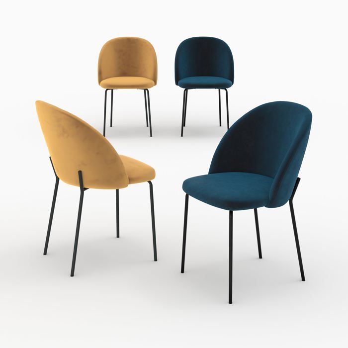 Pack 4 chaises en velours jaune moutarde et bleu foncé - Karl - Maison Pavane