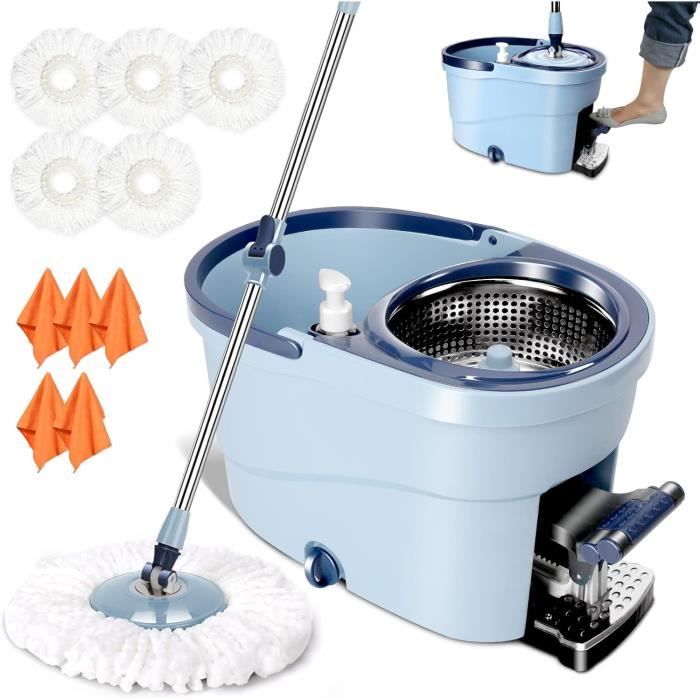 Eukue Seau Essoreur à Pédale, Serpillière Seau Essoreur avec Manche Télescopique, Balai Serpillère avec 3 Serpillères Réutilisables pour Nettoyage sols, Blanc