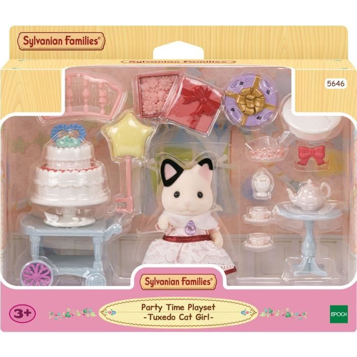figurines miniatures - sylvanian families - 5646 - la fille chat bicolore et son goûter d’anniversaire