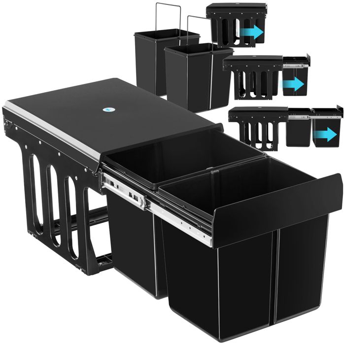 Poubelle - TECTAKE - Collecteur de déchets ASHLYN 2 compartiments avec ouverture à rails télescopiques 30 L 35 x 48 x 35 cm - Noir