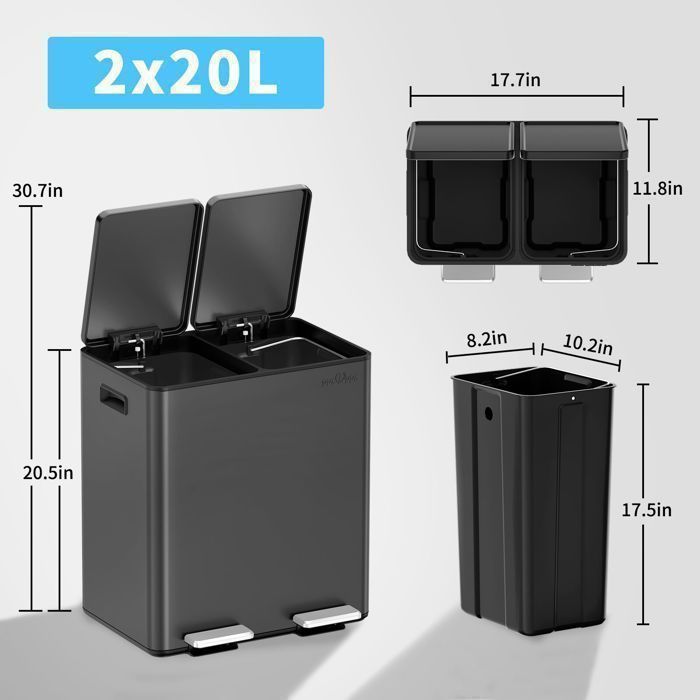 Poubelle De Cuisine MVm 30 L – Acier Inoxydable, Pédale, Couvercle Amorti, Seau Intérieur Amovible