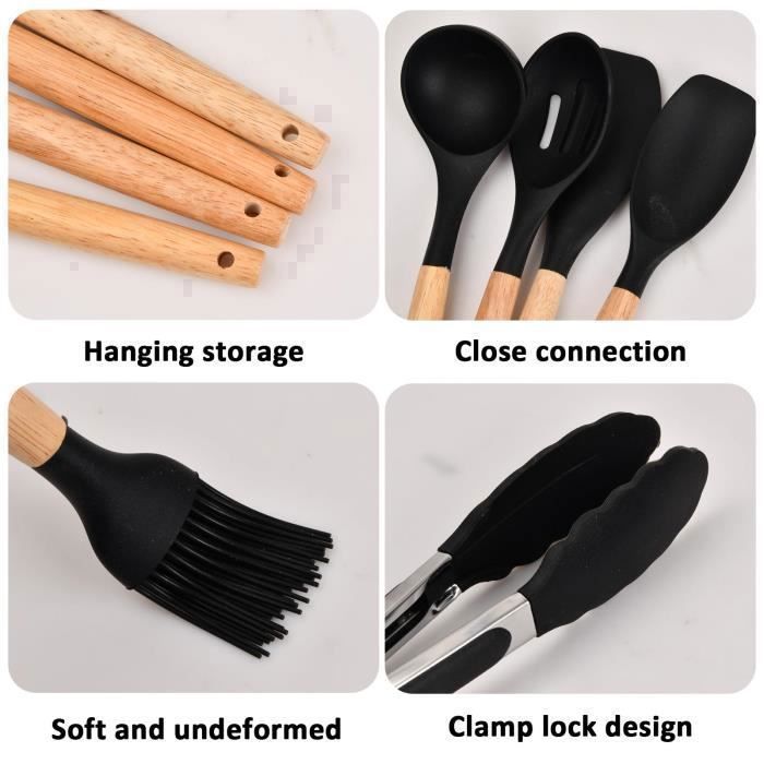 12 Ustensiles De Cuisine Silicone Avec Manches Bois - Set Antiadhésif Résistant à La Chaleur