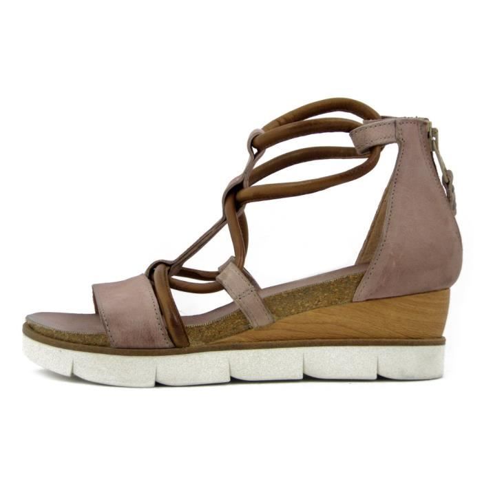 MJUS femme sandale nu pied cuir rose poudre talon compens 5cm