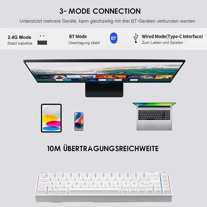 Gaming Tastatur Mechanische, Gamer Kabellos RGB Tastatur TECURS Beleuchtet  Tastatur 65% TKL Aufladbar Bluetooth - 2.4G - Mit Kab45 - Cdiscount  Informatique