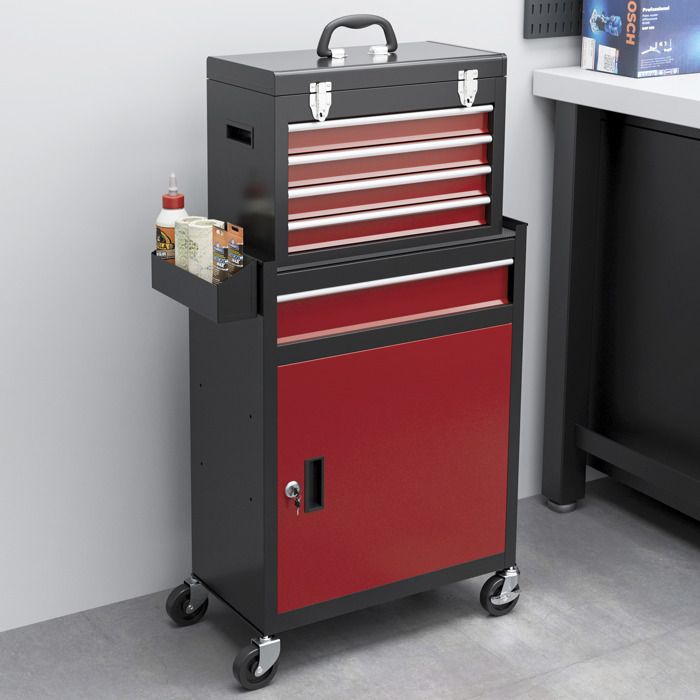 Armoire à outils roulante rouge 7 tiroirs verrouillables, chariot métal 615 mm pour garage atelier entrepôt rangement - Bricolage