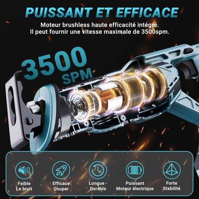 Scie Sabre Sans Fil 3000SPM - Batterie 21V 2Ah - Changement Lame Sans Outil - Coupe Bois/Métal