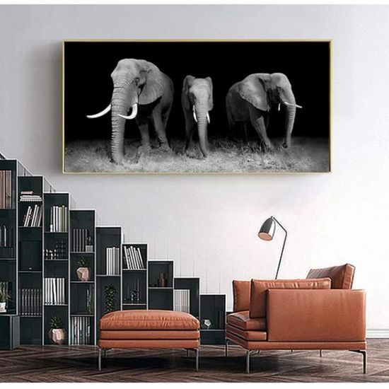 Tableau Sur Toile Éléphants Safari Jungle - Décoration Murale Moderne 120x50cm Pour Salon Et Chambre