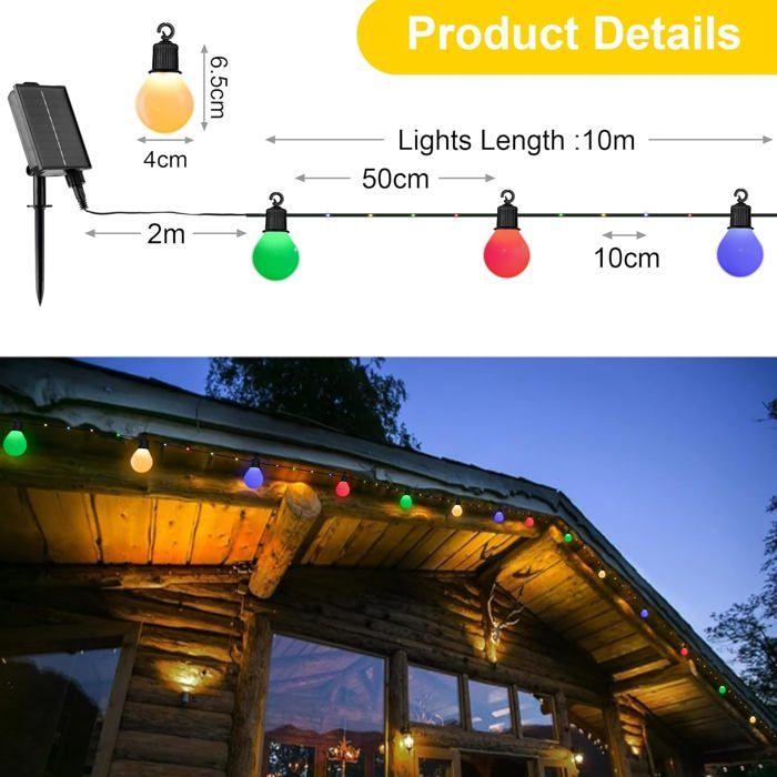 Guirlande Solaire Extérieur 20 Ampoules G40 10M 100 LED Avec Télécommande - 8 Modes, Étanche, Idéale Jardin, Terrasse, Balcon (Blanc Chaud)