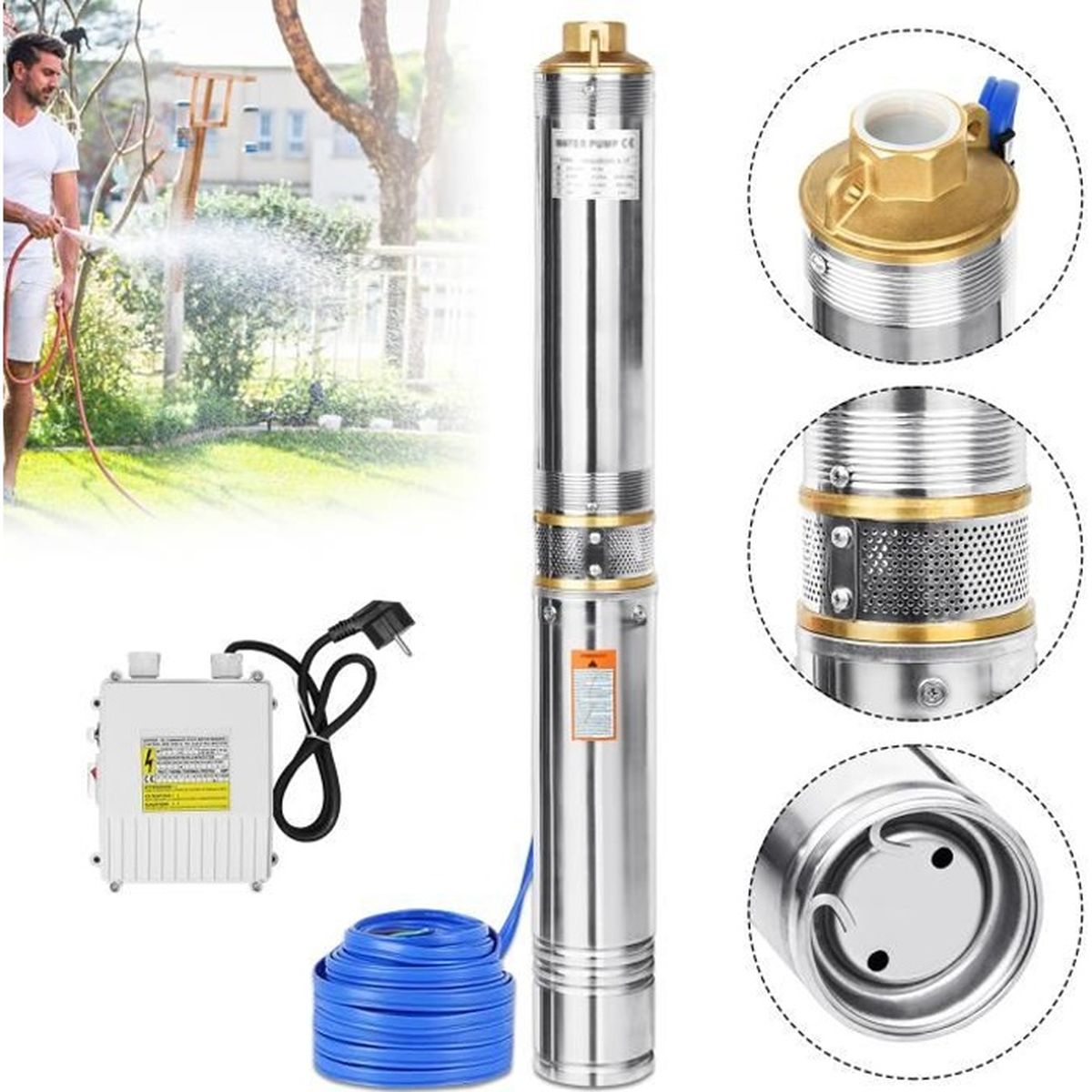Pompe à Vis Submersible Inox 220V/60Hz 1/2CV - Débit 1.8m3/h - Hauteur 80m - Câble 15m