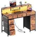 HLONONE LED Bureau avec8 Tiroirs en Tissu, 120 × 50cm Bureau Gaming avec Rangement, 2Prise & 2 Port USB, Table Gaming Marron