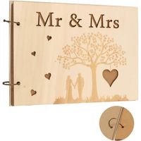 Livre d'Or de Mariage en Bois 40 Feuilles Mr&Mrs Album  Personnalisé Rustique Livre d'Invité Message pour Fête Réception Mariage