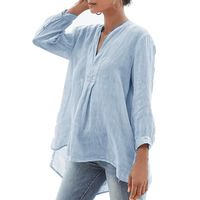 Chemisier en Lin pour Femmes Chemise Ample Solide Demi-manches Vêtements Décontractés Tops Bleu