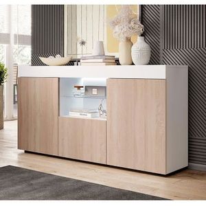 Bahut Sefora | L 135 x H 73 x P 34 cm | Meuble en mélanine mate avec éclairage LED | Couleur Blanc et Sonoma