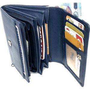 PORTE MONNAIE Porte monnaie femme cuir véritable zip, portefeuille, compagnon, 12 cartes, billet, monnaie, identité, permis -Bleu marine-LOLUNA®