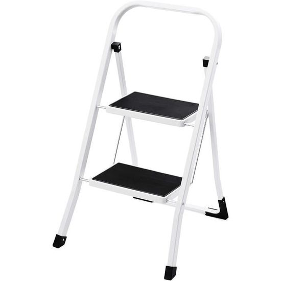 Échelle 2 Marches Pliante HBTower - Portée 150 Kg - Blanche - Portable Avec Rampes - Neuf