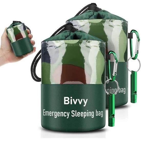 KIRVOS Gigoteuse D’urgence 2 Pièces – Sac De Camping Anti-froid, Couverture De Sauvetage 90x210 Cm, Avec Sifflets Et Mousquetons