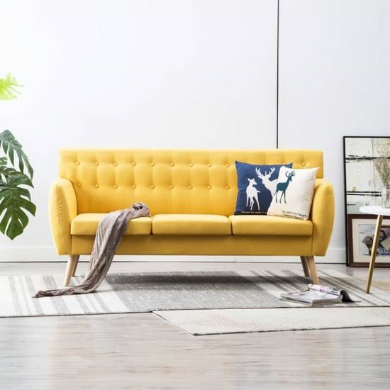 Canapé à 3 places OVONNI - Style Contemporain - Jaune - Fixe - Revêtement en tissu